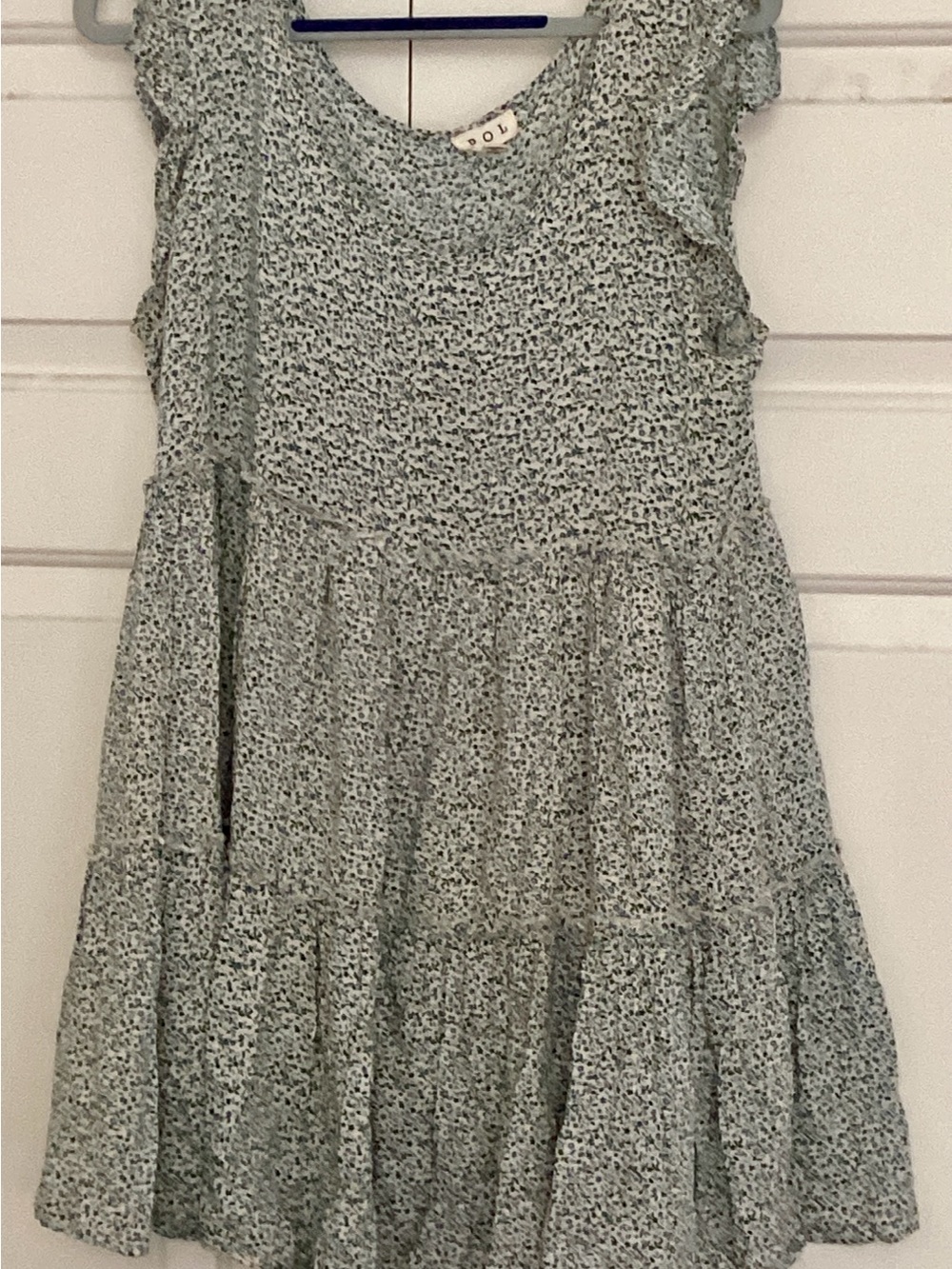POL Floral Tiered Mini Dress – Blue/Green on White, Size M